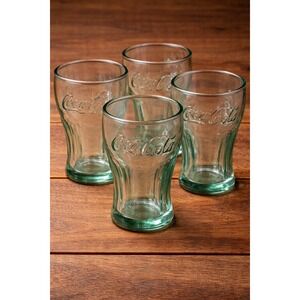 Set of 4 Coca-Cola Embossed Green Tint Glasses Short Coke Tumblers Vintage